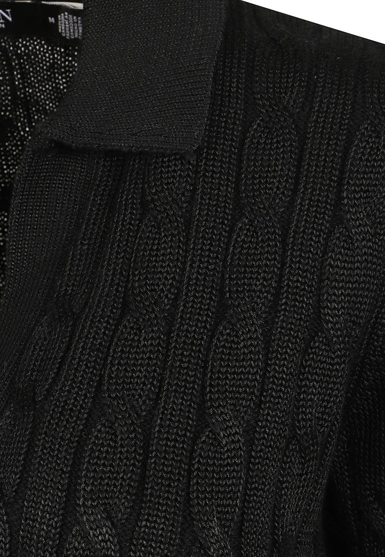 Lauren Black Cable-Knit Cotton-Blend Polo Pullover
