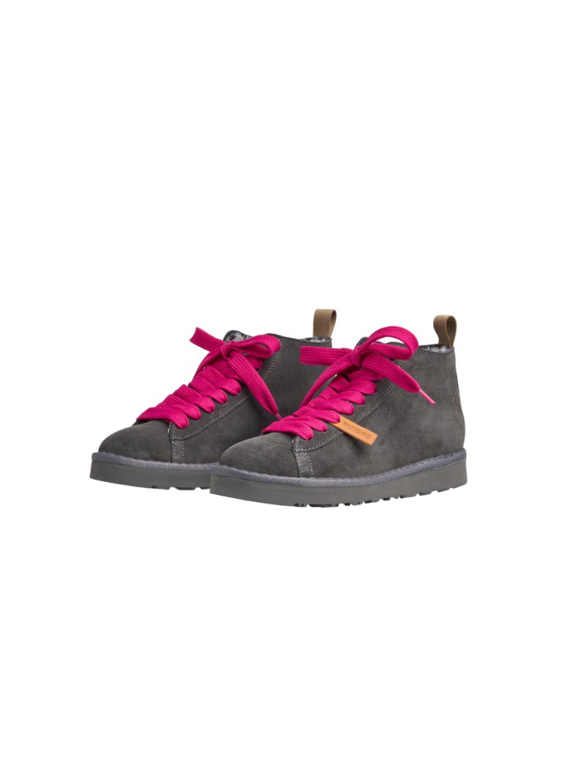 Panchic Anthracite Grey Suede Sneakers With Fuchsia Laces