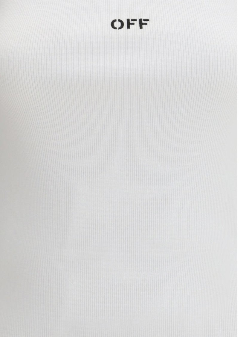 Off-White Scoop Neck Slim Fit Top With Ribbed Texture And Stamp Detail