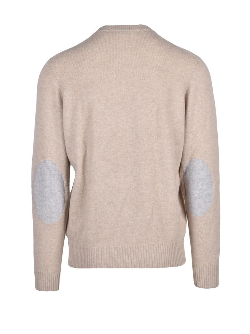 Jurta Beige Elbow Patches Merino Wool Crewneck Sweater