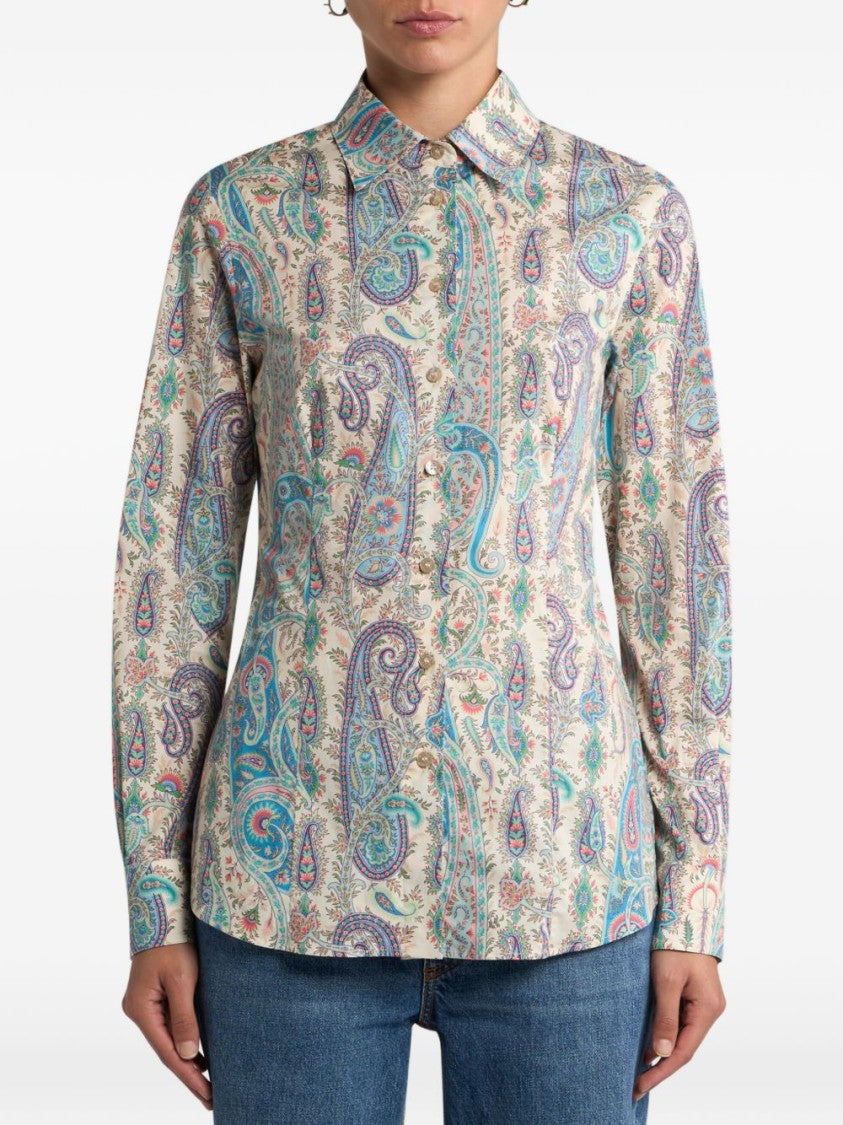 Etro Beige Paisley Patterned Long-Sleeved Shirt With Classic Collar