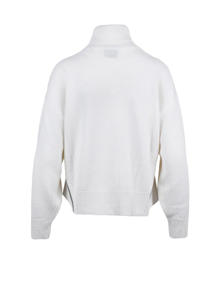 Alpha Studio Boxy White Turtleneck Sweater With Ribbed Detailing