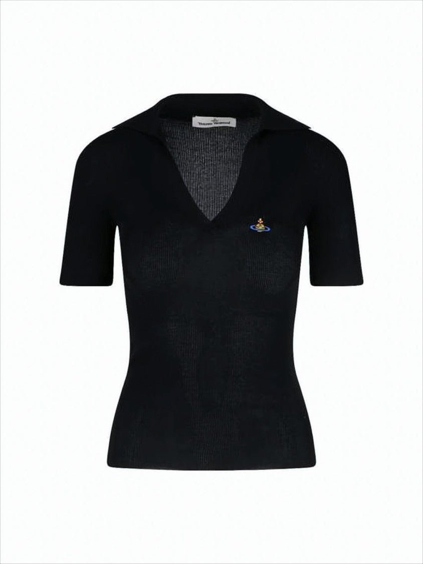 Vivienne Westwood Fitted Short-Sleeve Sweater With Deep V-Neck And Emblem