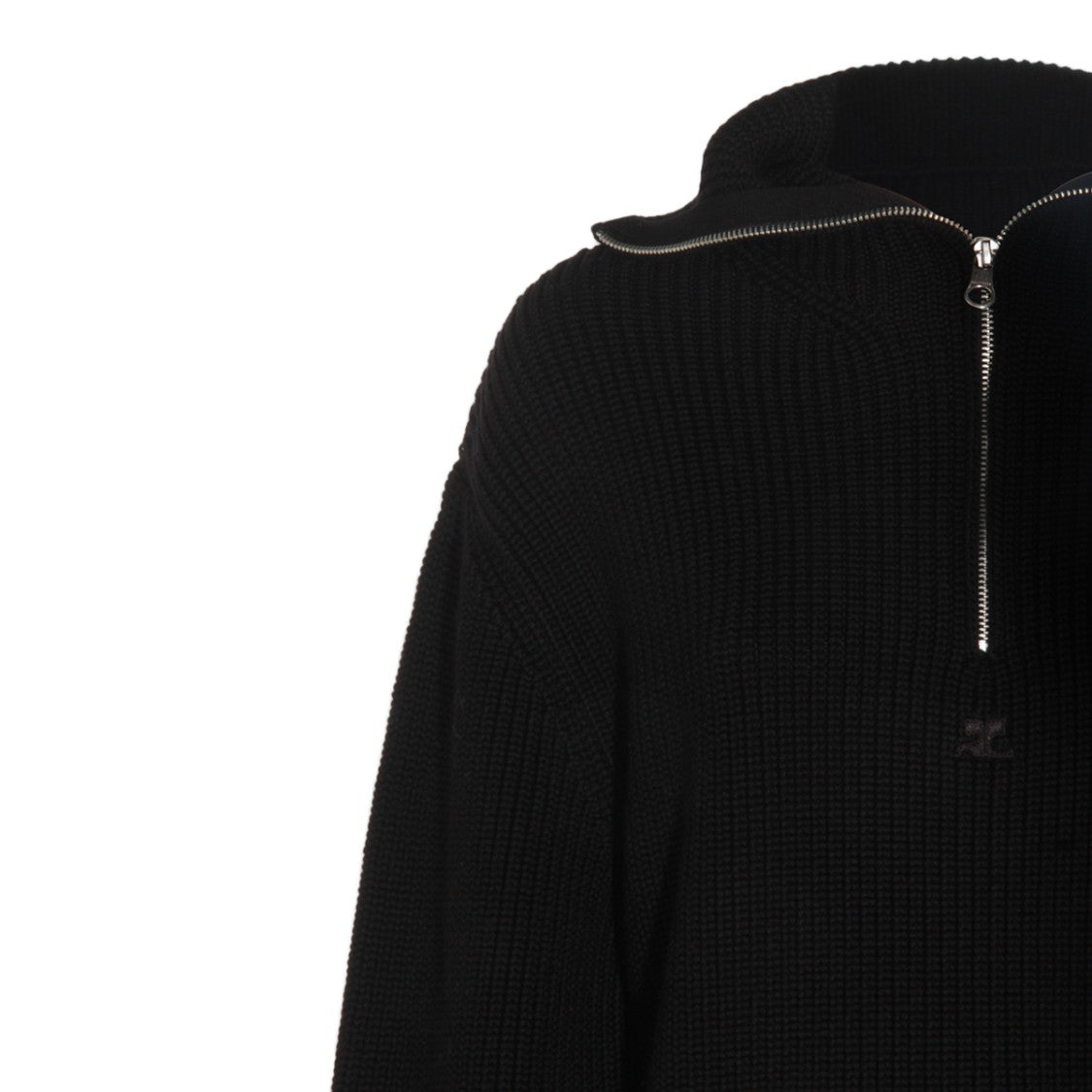Courrèges Ribbed Black Knitted Sweater With Half-Zip Closure