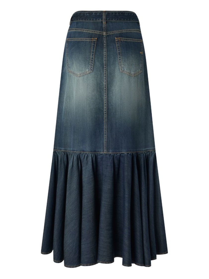 Pinko Midi Denim Skirt With Flared Ruffle Hem And Gold-Tone Accents