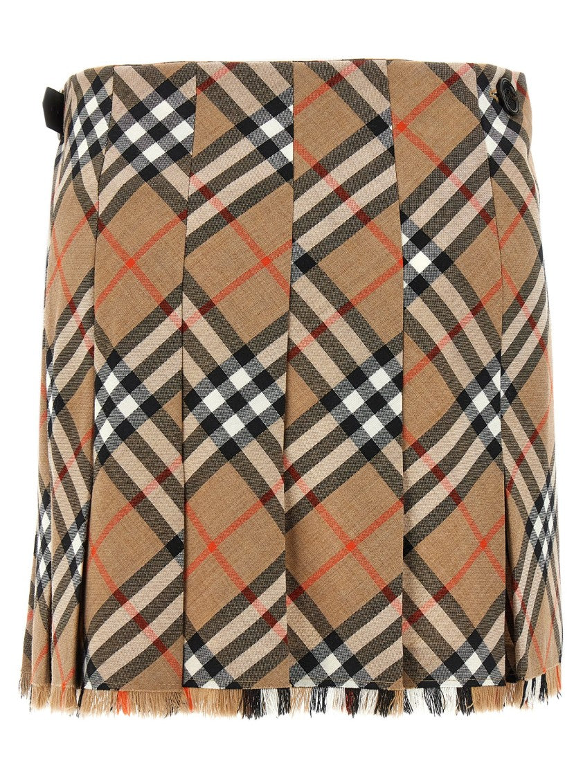 Burberry Mini Kilt Skirt With Check And Fringed Hem