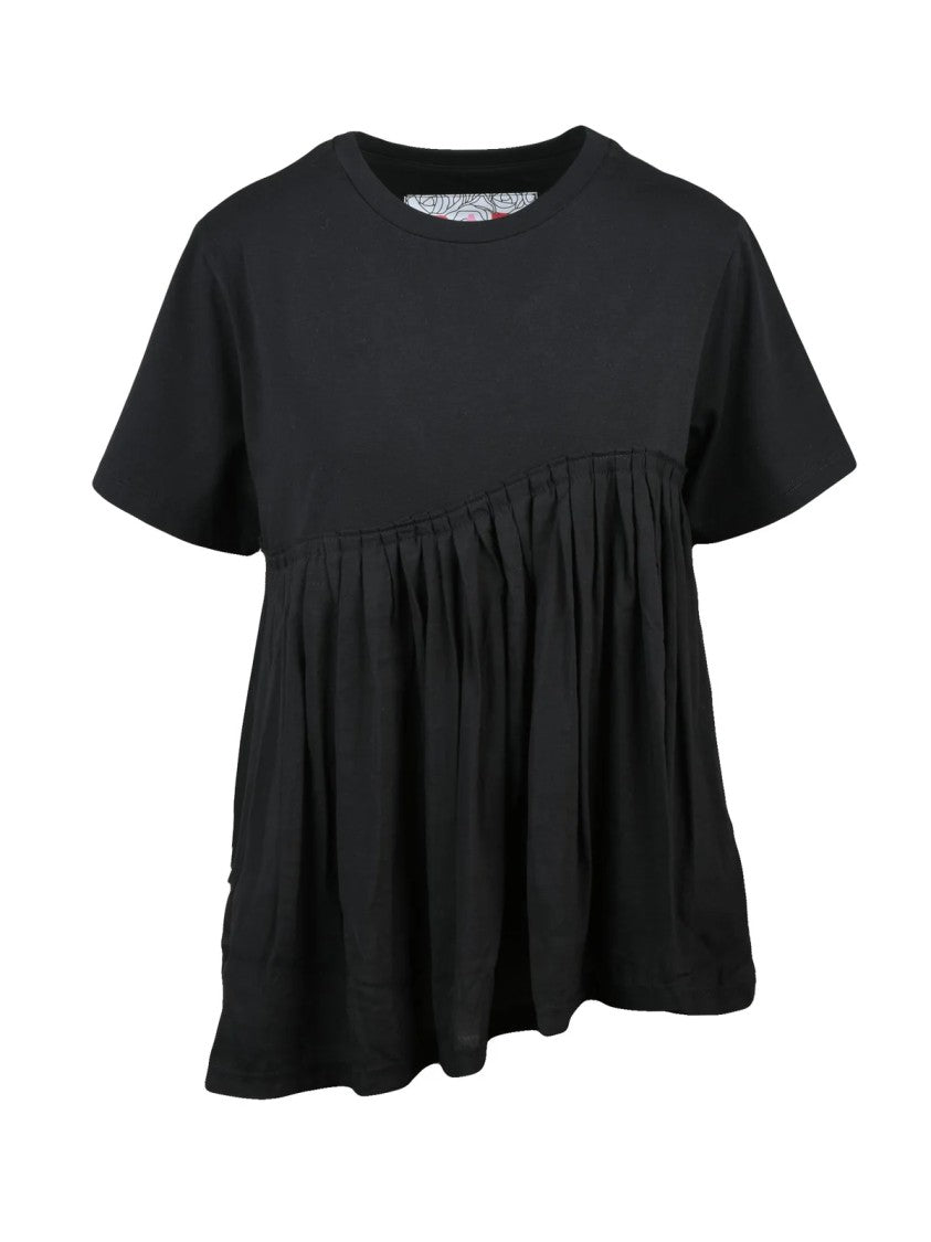 Rose A Pois Black Gathered Stretch Cotton T-Shirt