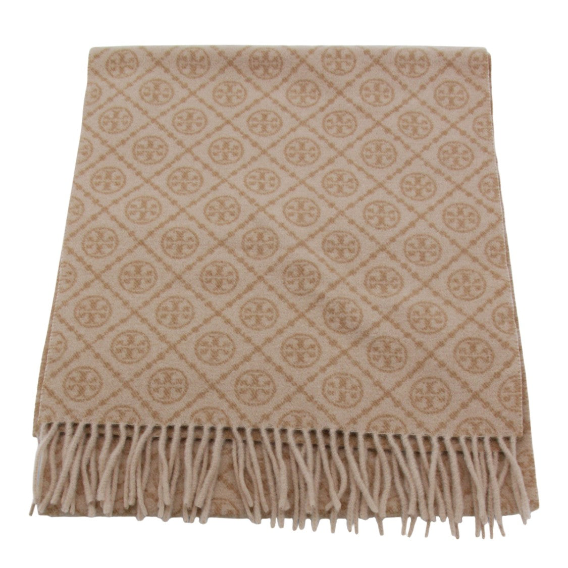 Tory Burch Beige Scarf With Geometric Motifs And Fringed Edges