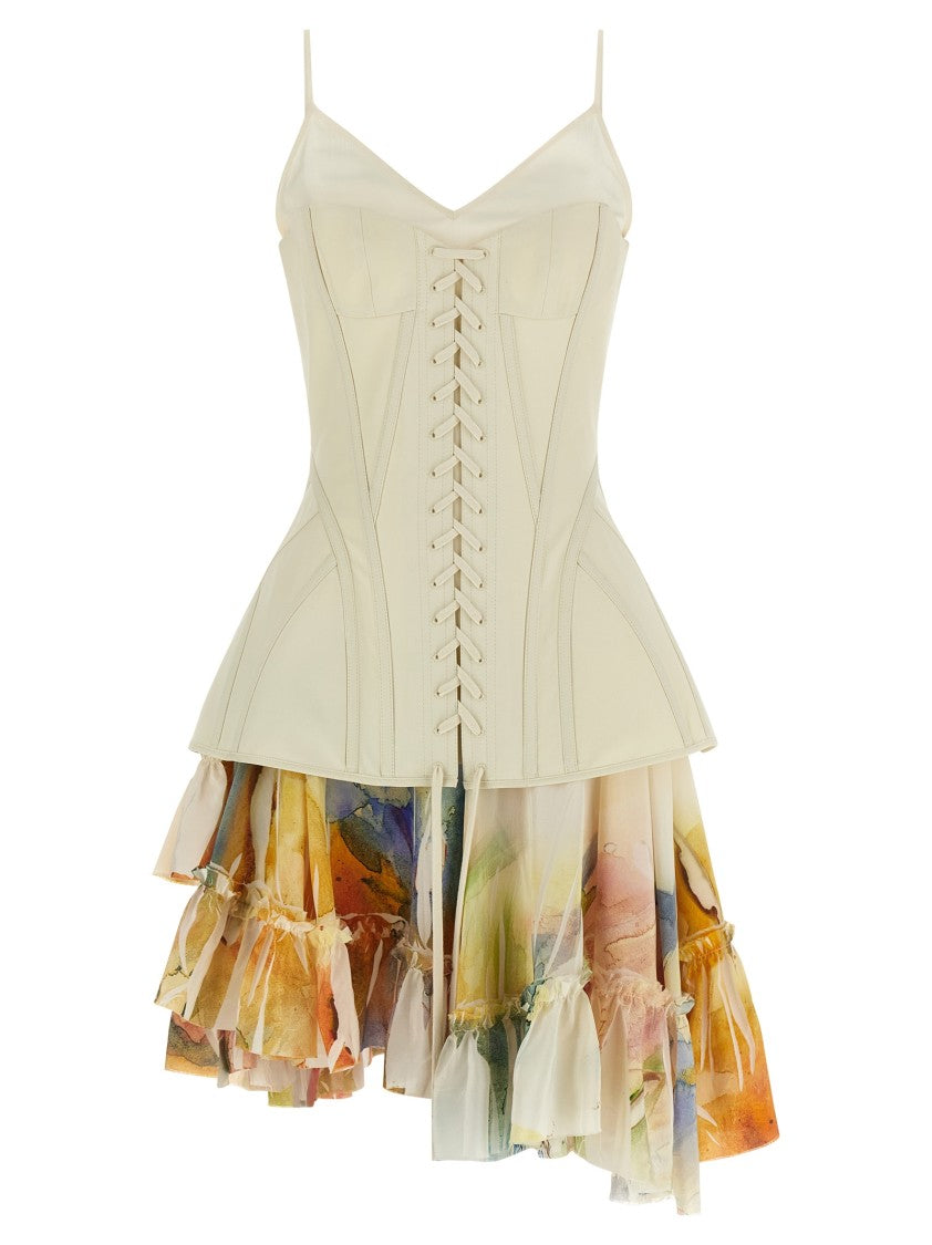 Mcqueen Asymmetrical Silk Corset Mini Dress With Abstract Print