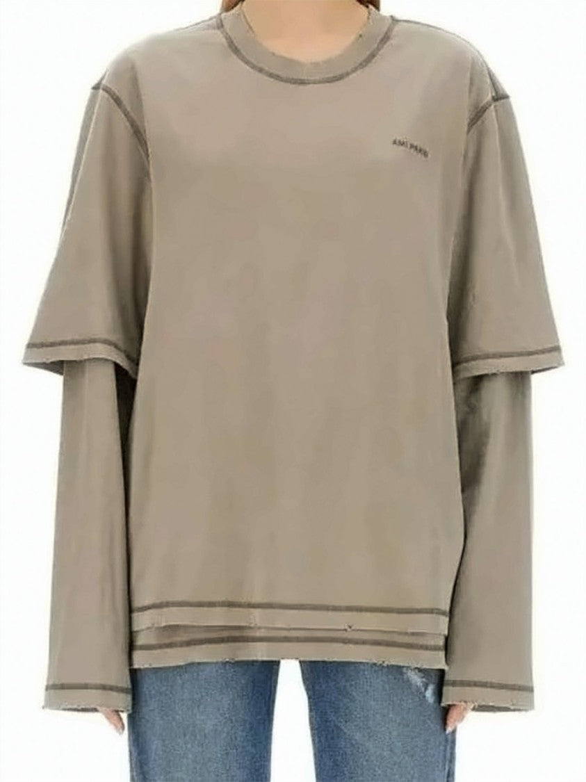 Ami Paris Layered Long Sleeve Top With Faded Design And Subtle Logo