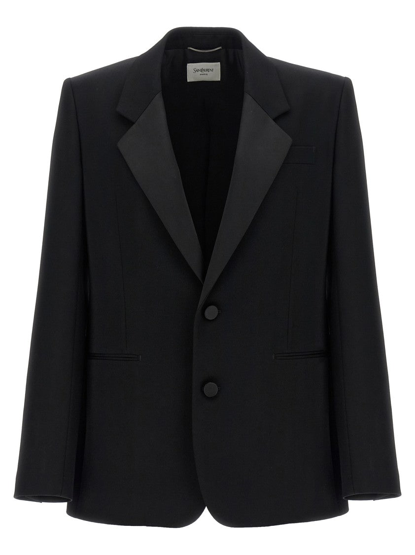Saint Laurent Single-Breasted Grain De Poudre Wool Blazer With Satin Mirror Lapels