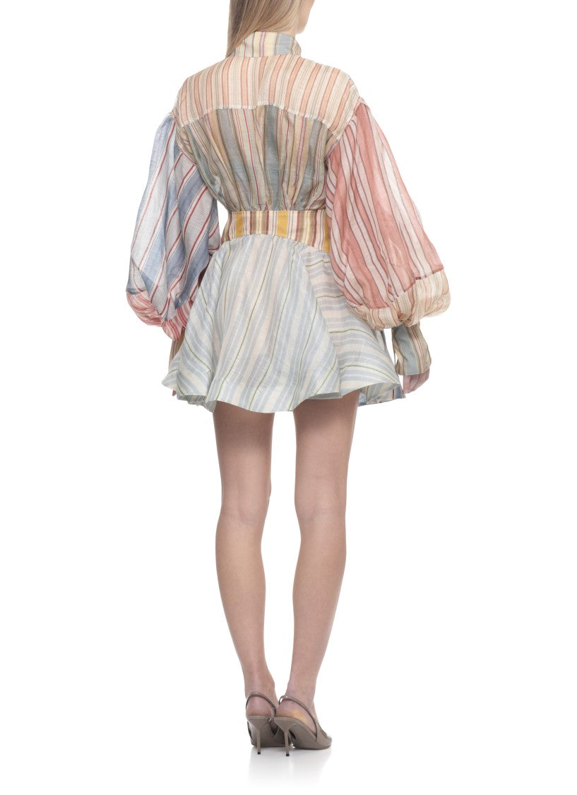 Zimmermann Multicolor Striped Linen And Silk Mini Dress With Belted Waist