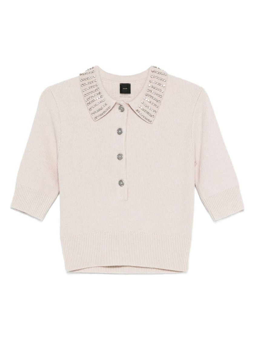 Pinko Cropped Knit Sweater With Embellished Collar