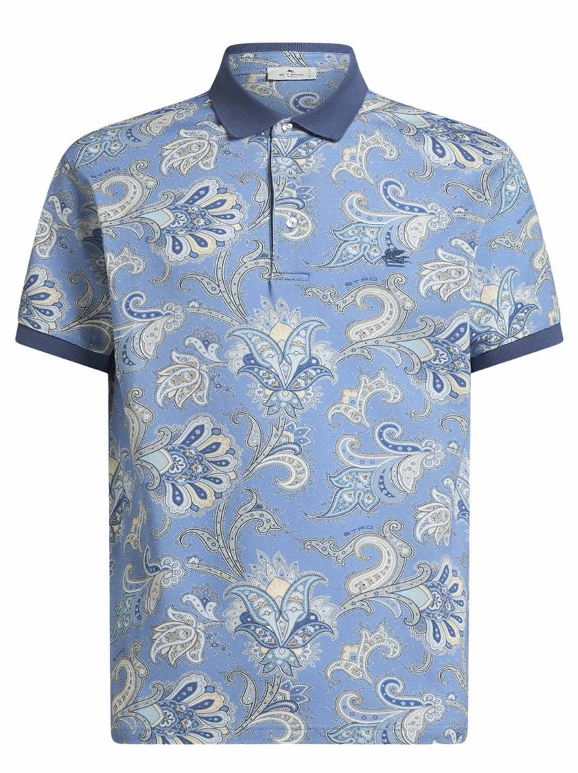 Etro Maxi Floral Paisley Motif Polo Shirt In Clear Blue