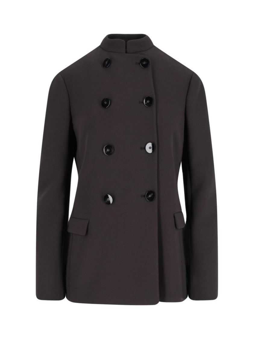 Giorgio Armani Double-Breasted Virgin Wool Blazer, Brown, Crew Neck