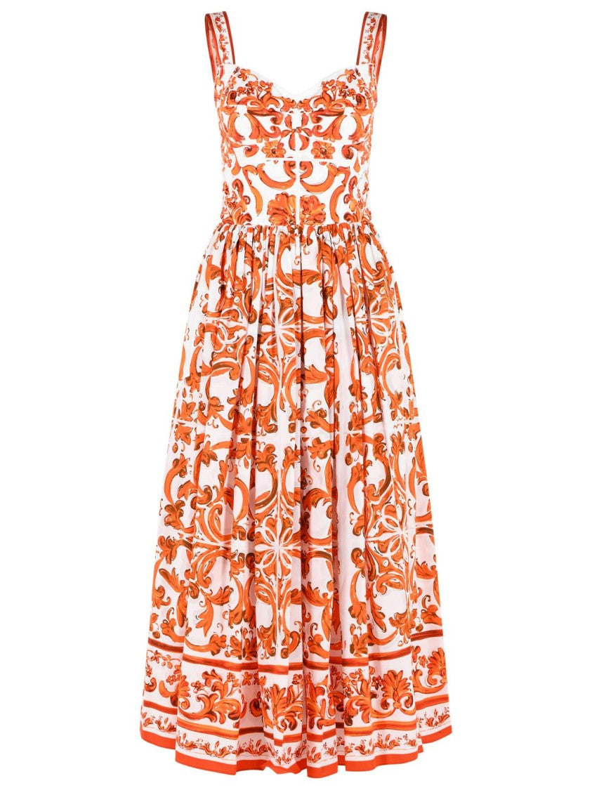 Dolce & Gabbana 'Maiolica' White And Orange Cotton Maxi Dress