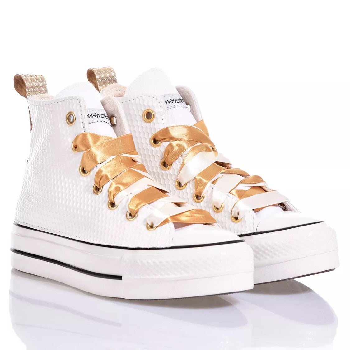 Converse White, Gold Platform Sneakers