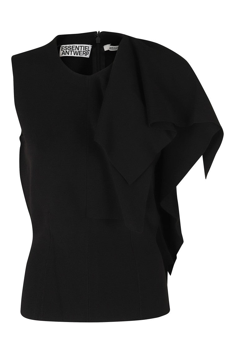 Essentiel Antwerp Black Asymmetric Ruffle Viscose-Blend Knit Top