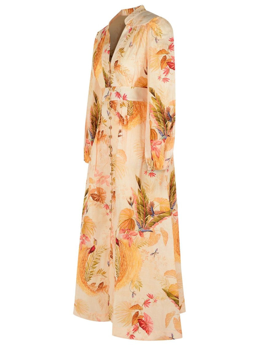 Zimmermann Plunge' Low-Cut Linen Dress In 'Cream Palm Floral'