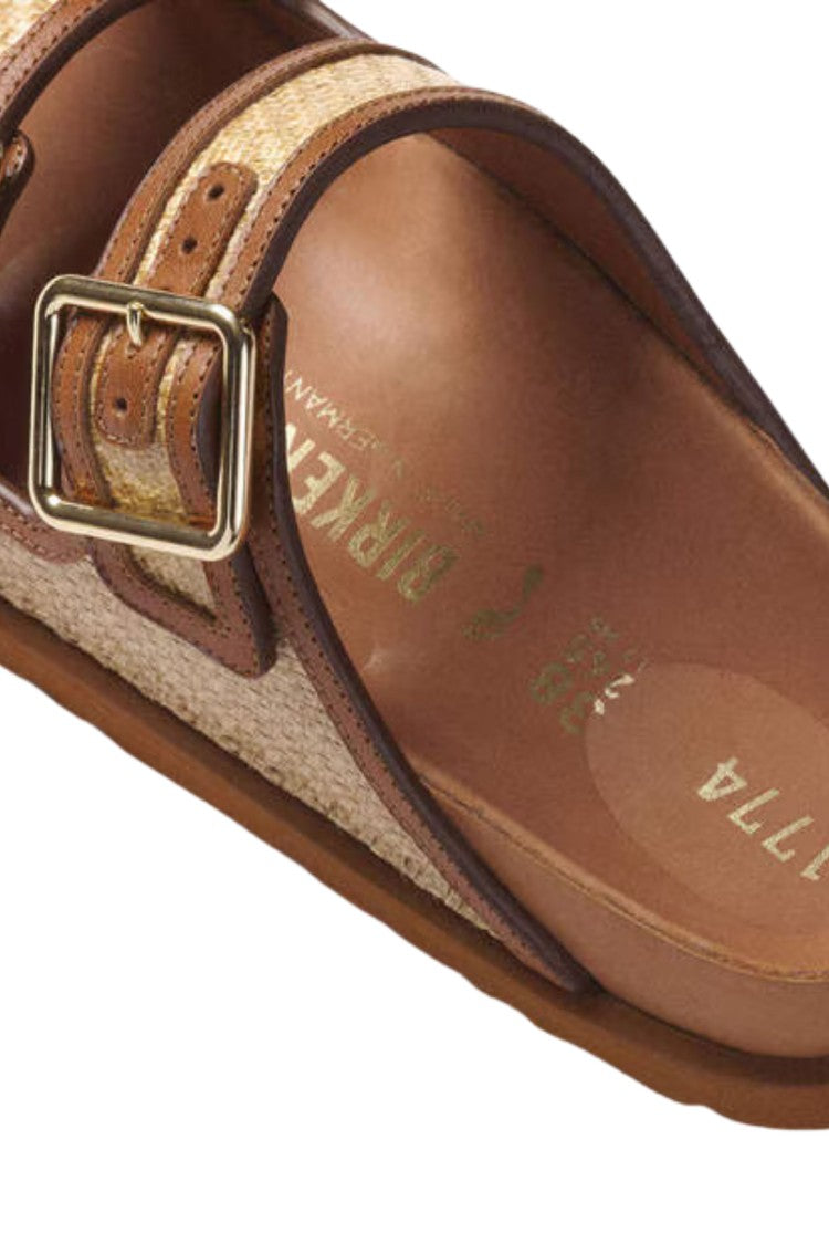 Birkenstock Ginger Brown Arizona Raffia Nappa Leather Dual-Strap Sandals