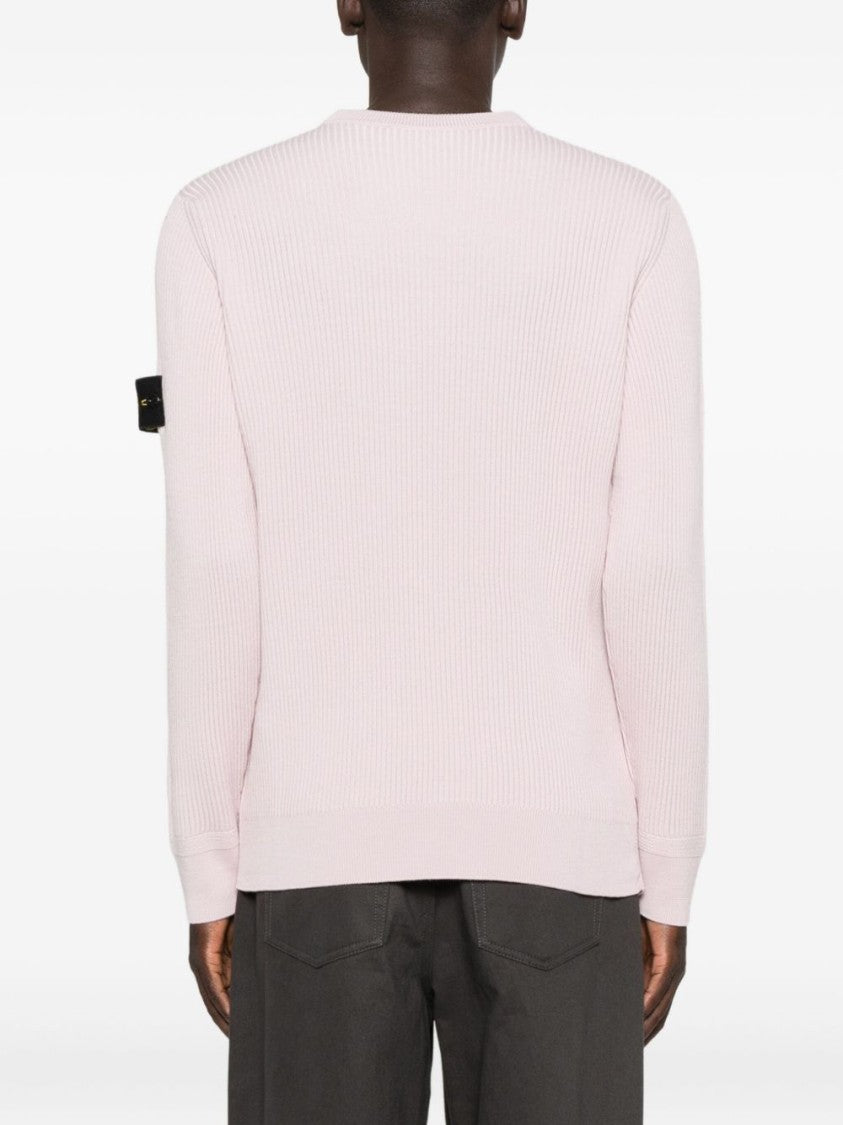 Stone Island Ribbed Virgin Wool Crew Neck Sweater With Logo Badge