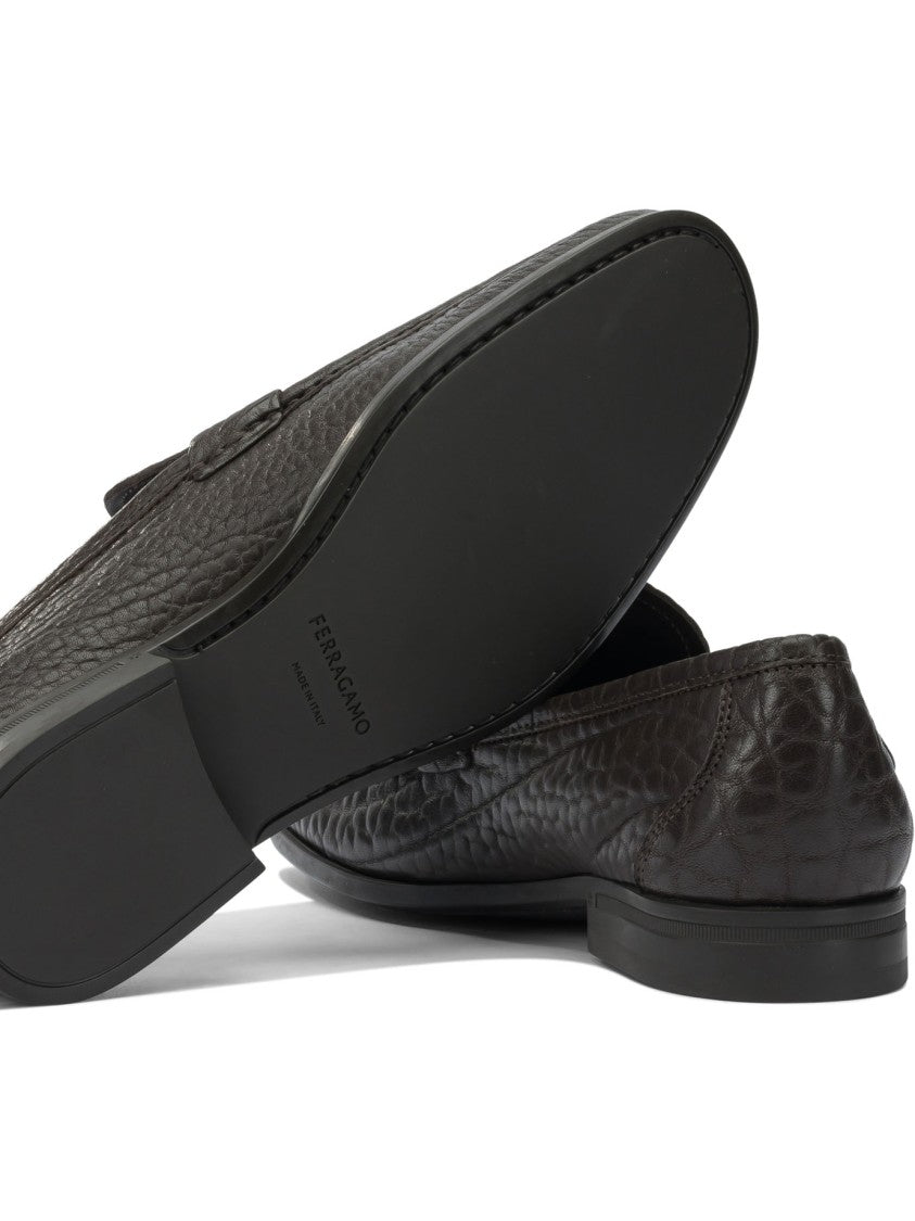 Ferragamo Textured Leather Loafers With Silver-Tone Detail