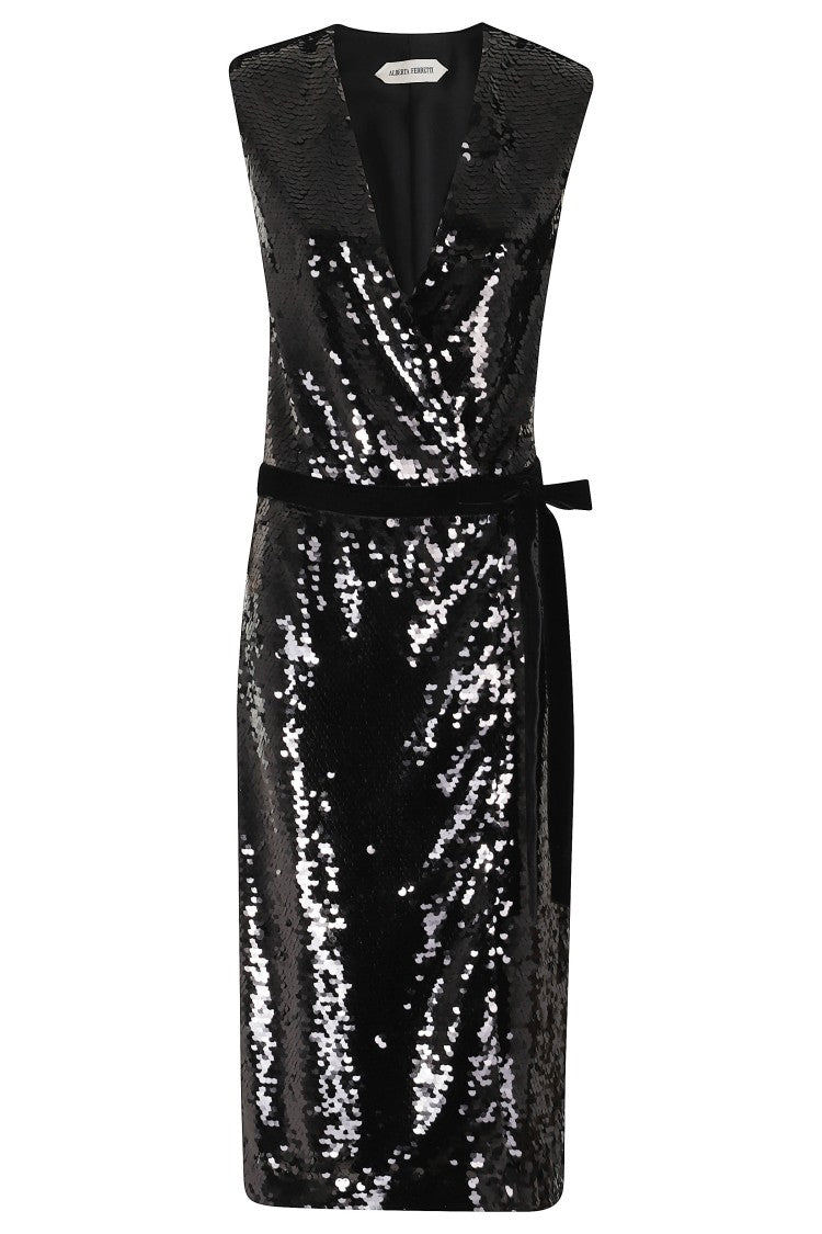 Alberta Ferretti Shimmering Sequins Velvet Belt Mini Dress