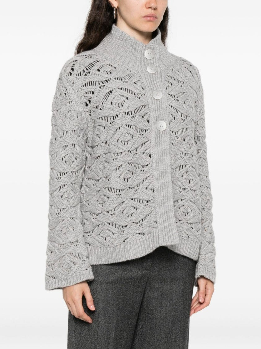 Tabaroni Cashmere Knitted Grey Cardigan With Textured Openwork Pattern