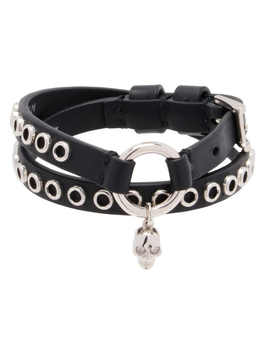 Alexander Mcqueen Skull Black Leather Double-Wrap Bracelet