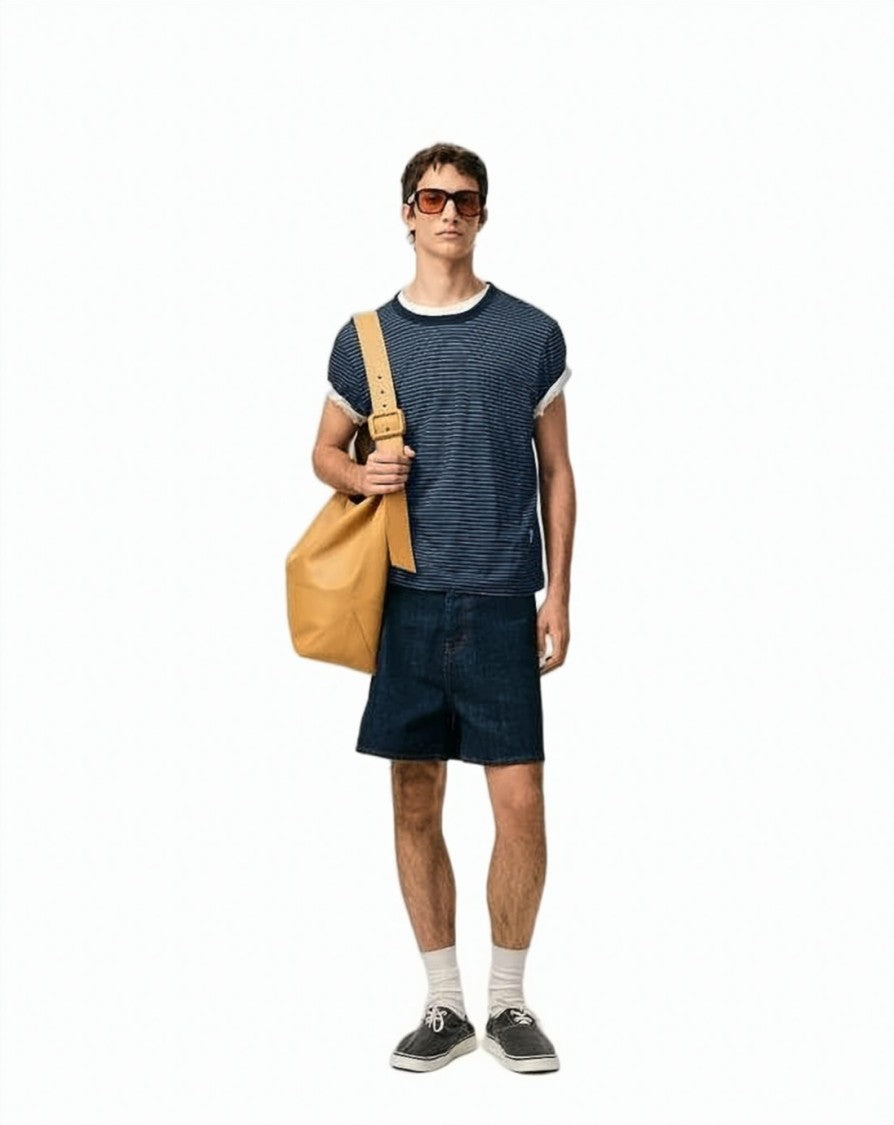 Ami Paris Navy Blue Cotton T-Shirt With Striped Design