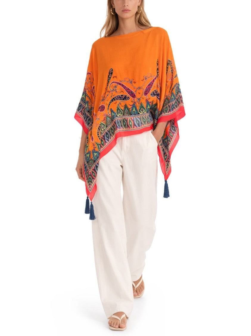 Etro Orange Poncho Paisley Tassels Top