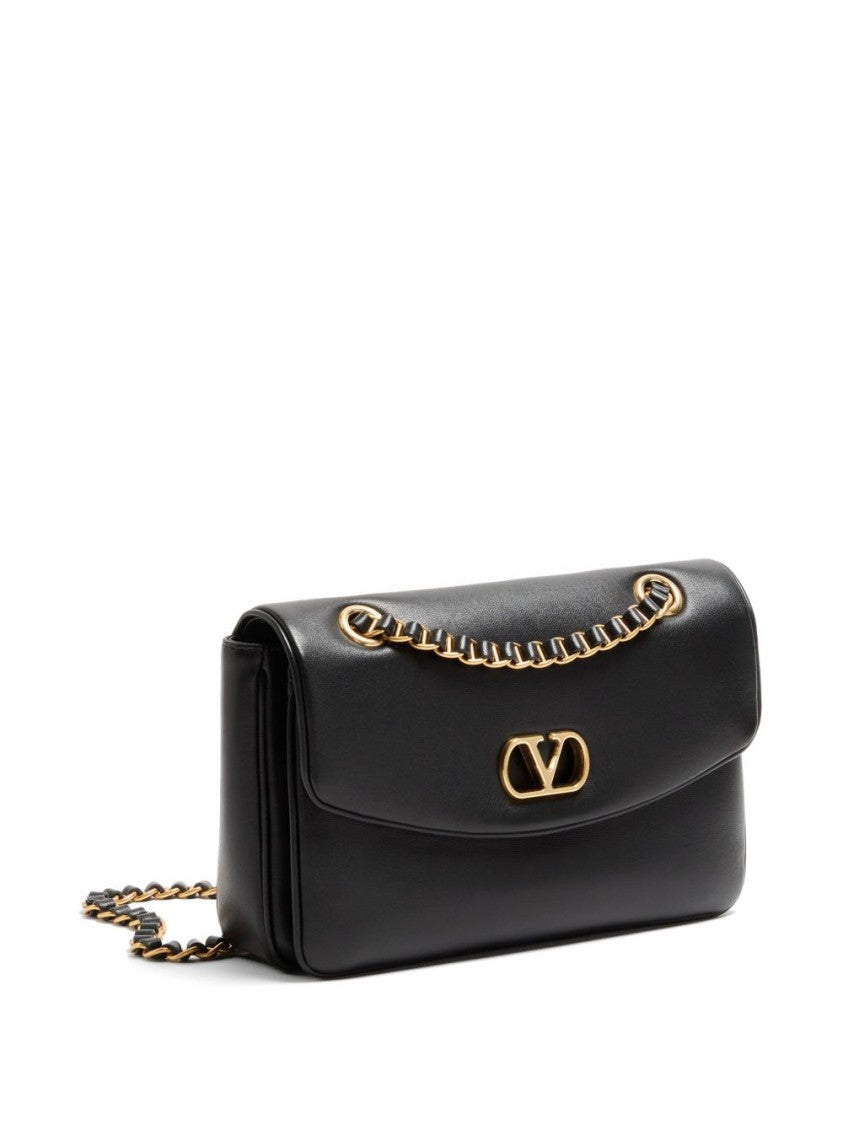Valentino Garavani Black Structured Leather Gold-Tone Emblem Shoulder Bag