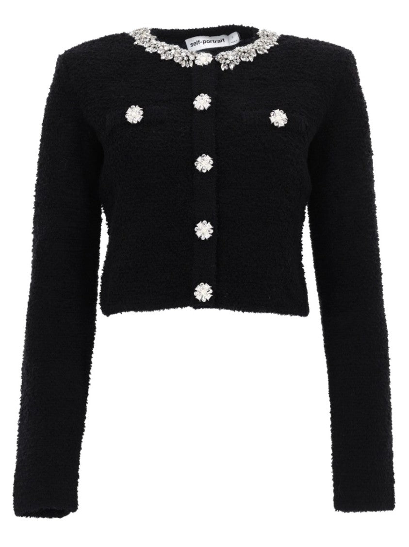 Self-Portrait Jewel Buttons Cotton-Blend Cropped Cardigan