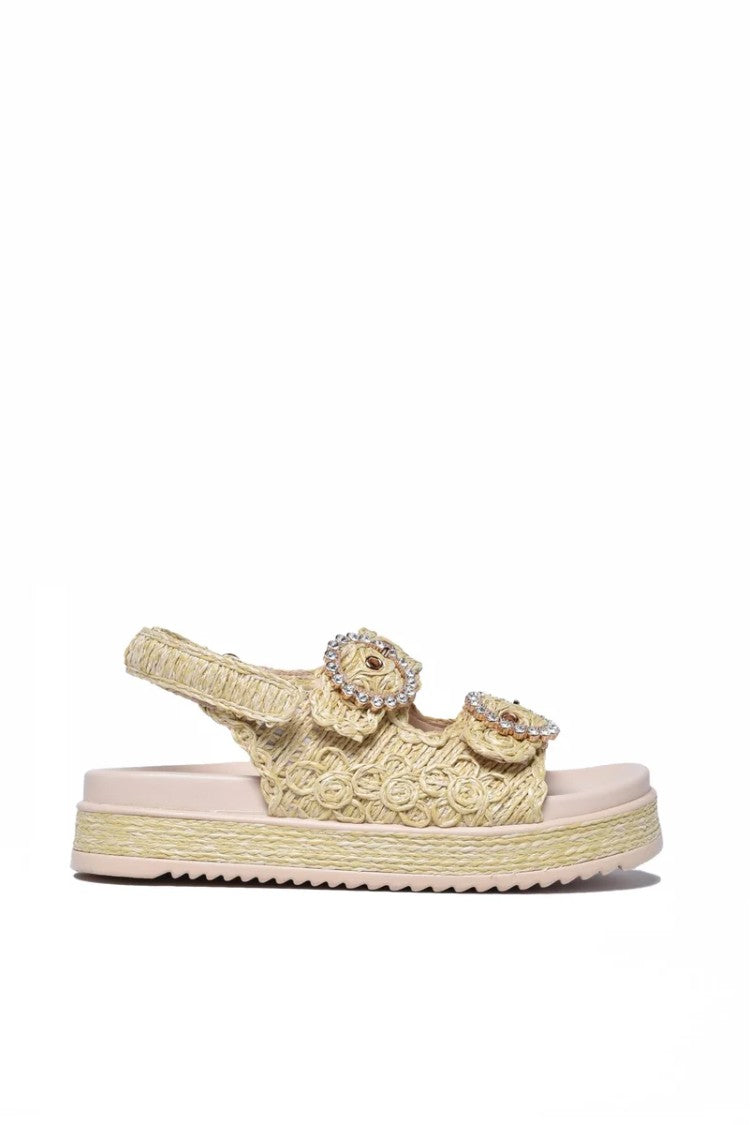 Emanuélle Vee Beige Raffia Rubber Sole Wedge Sandal