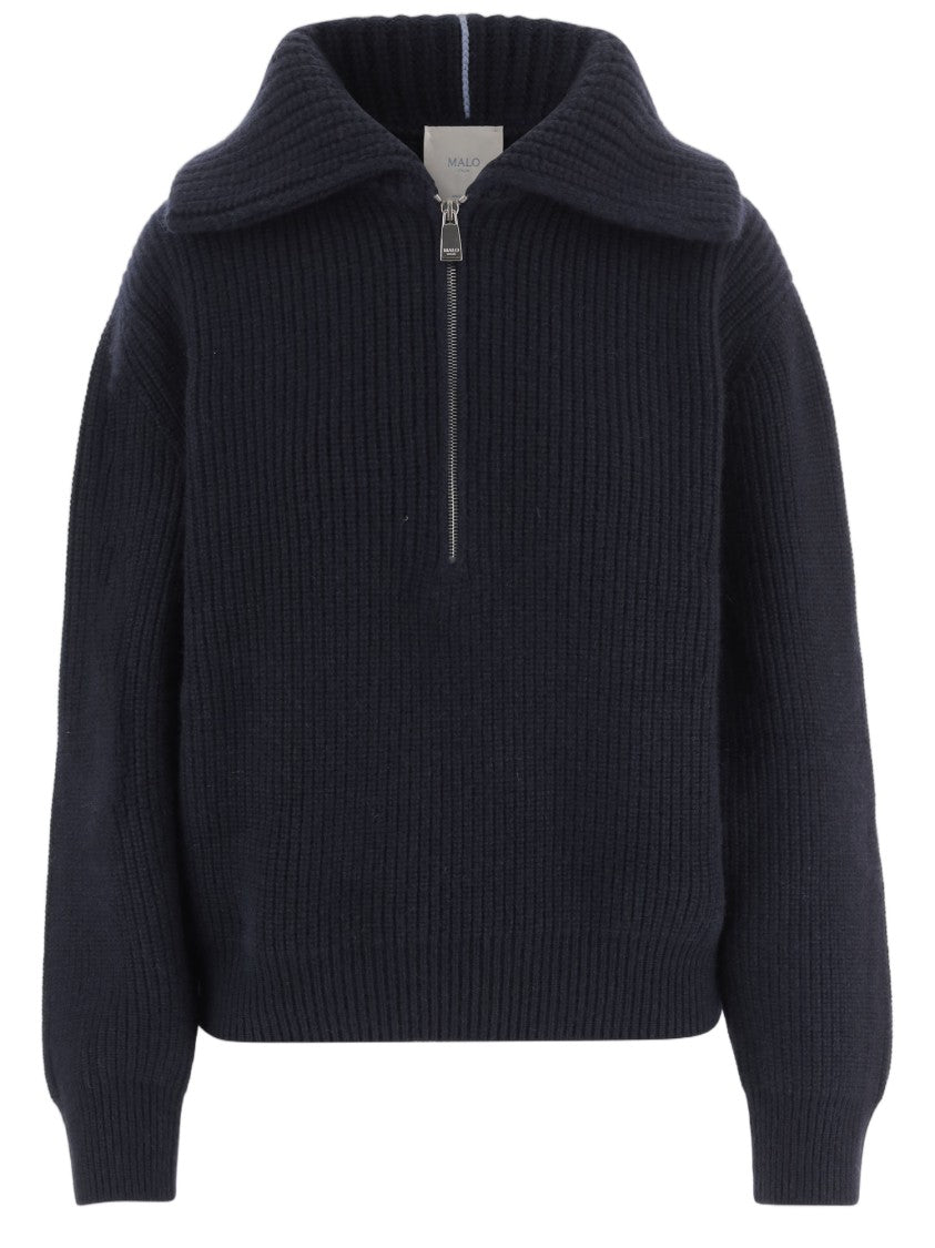 Malo Dark Navy Ribbed Half-Zip Cashmere Sweater