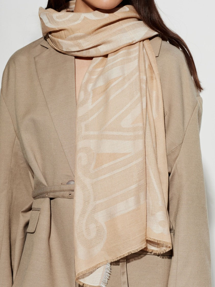 Max Mara Beige Jacquard Pattern Fringed Scarf