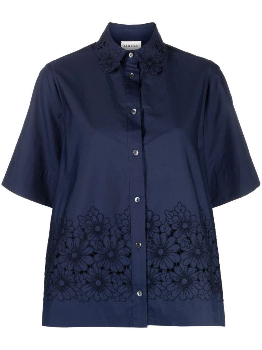 P.A.R.O.S.H. Blue Short Sleeve Shirt With Floral Embroidery