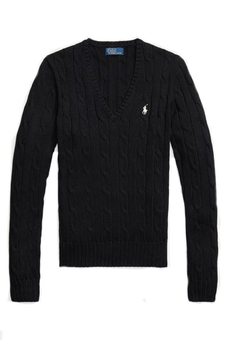 Polo Ralph Lauren Black Cotton Cable-Knit V-Neck Sweater