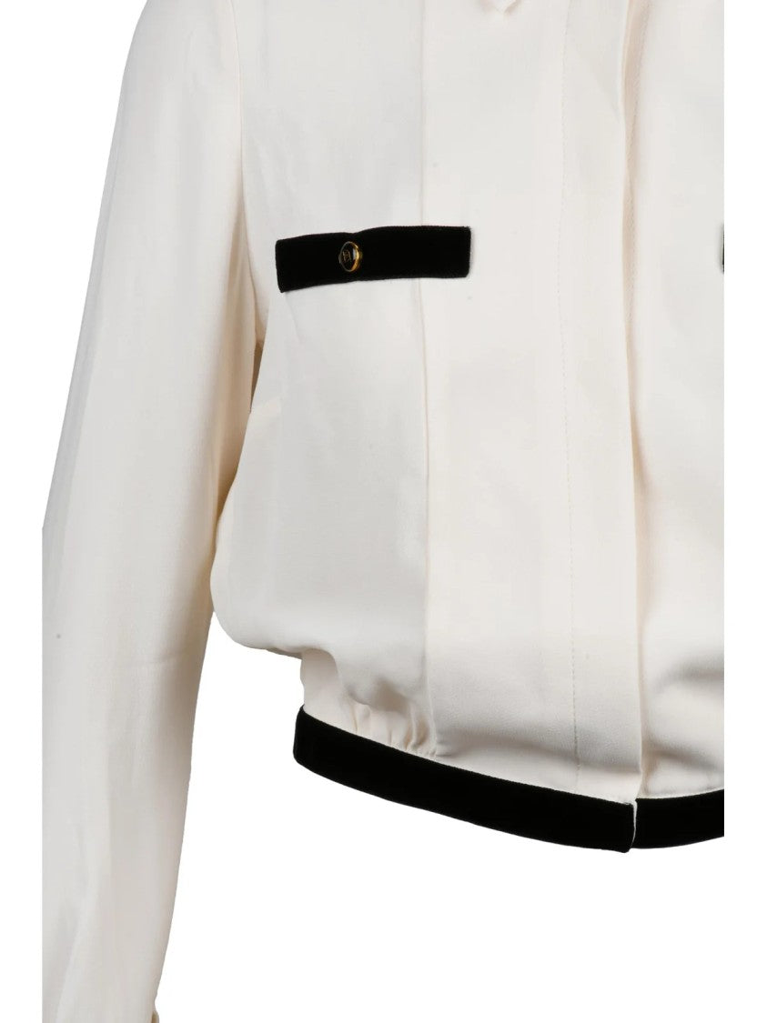 Elisabetta Franchi White/Black Velvet Embroidered Viscose Blouse