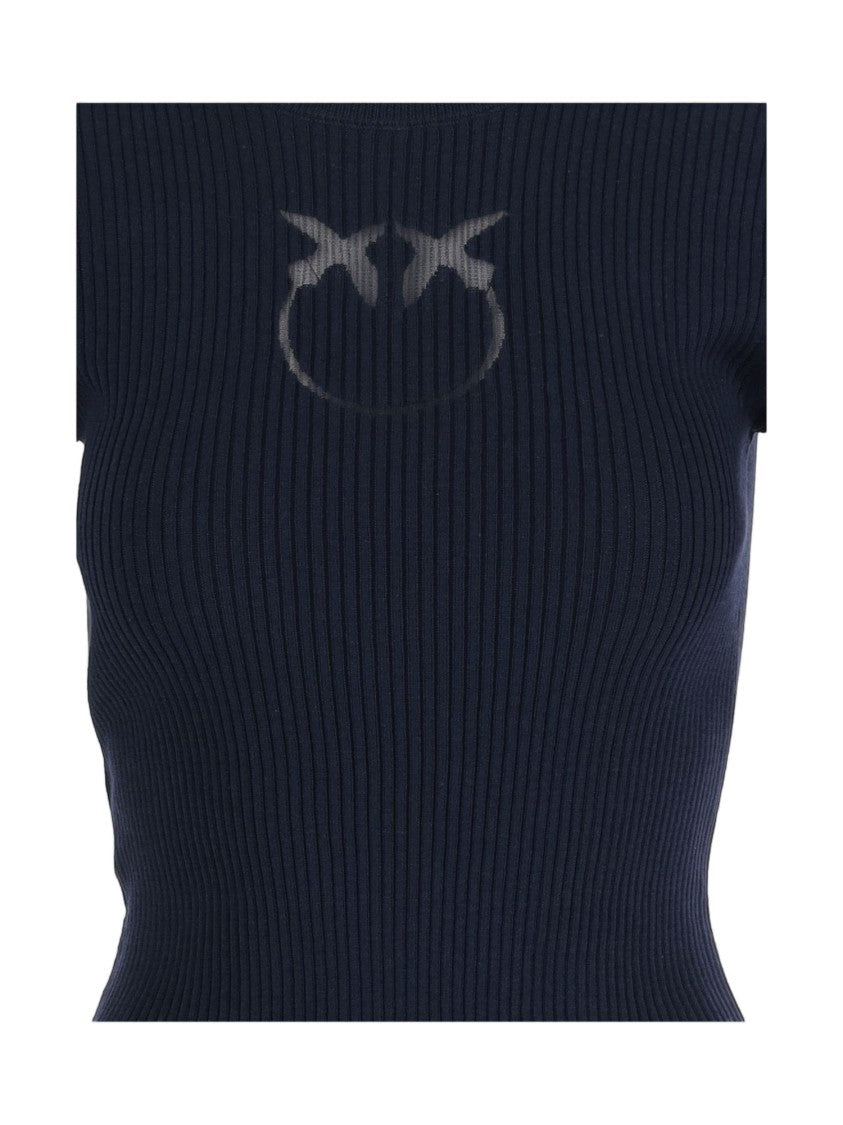 Pinko Blue Ribbed Short-Sleeved Wool-Blend Sweater