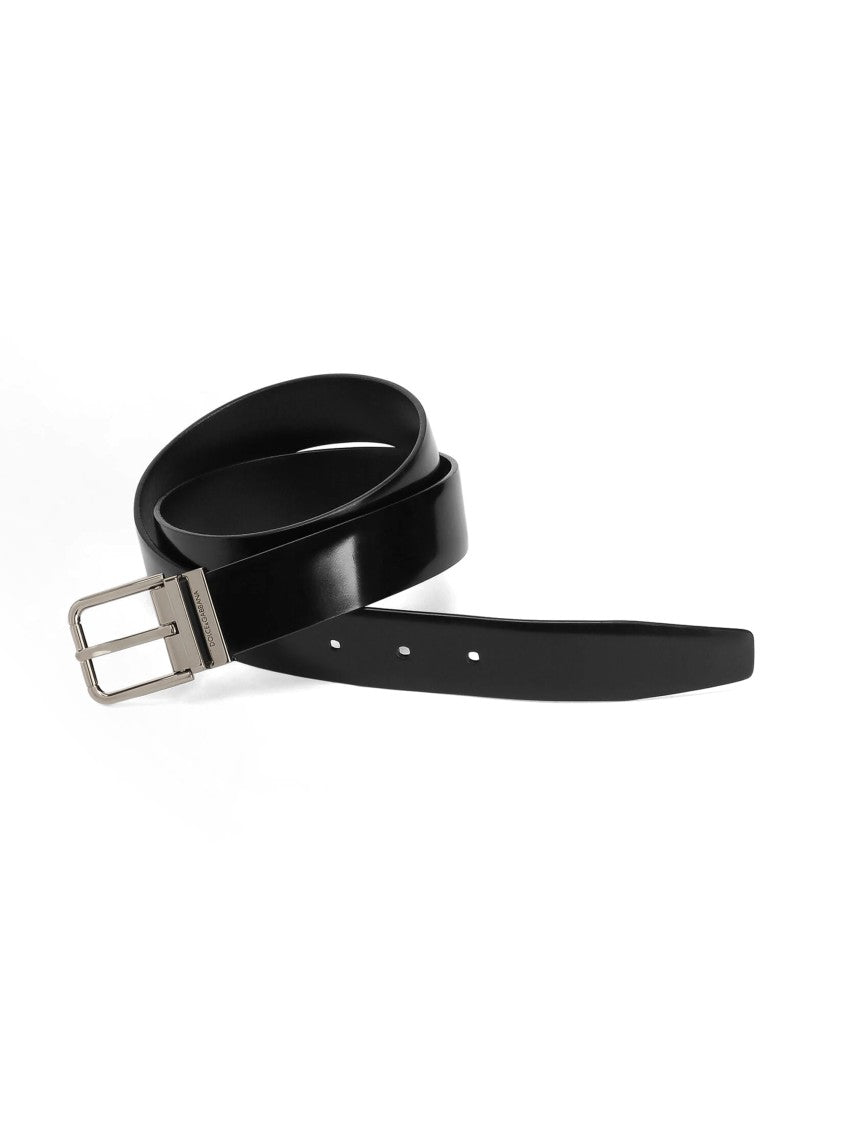 Dolce & Gabbana Polished Calfskin Leather Belt With Brushed Metal Buckle