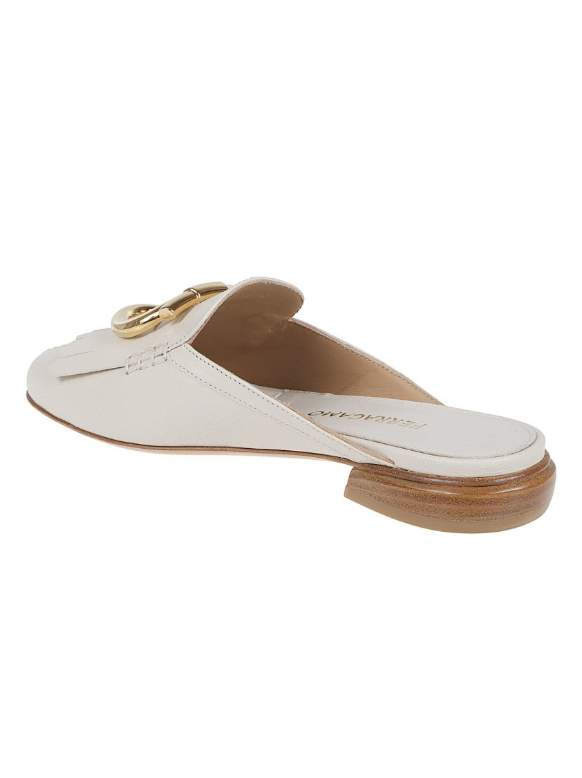 Ferragamo Ivory Leather Slip-On Sandals With Gold Gancini Detail