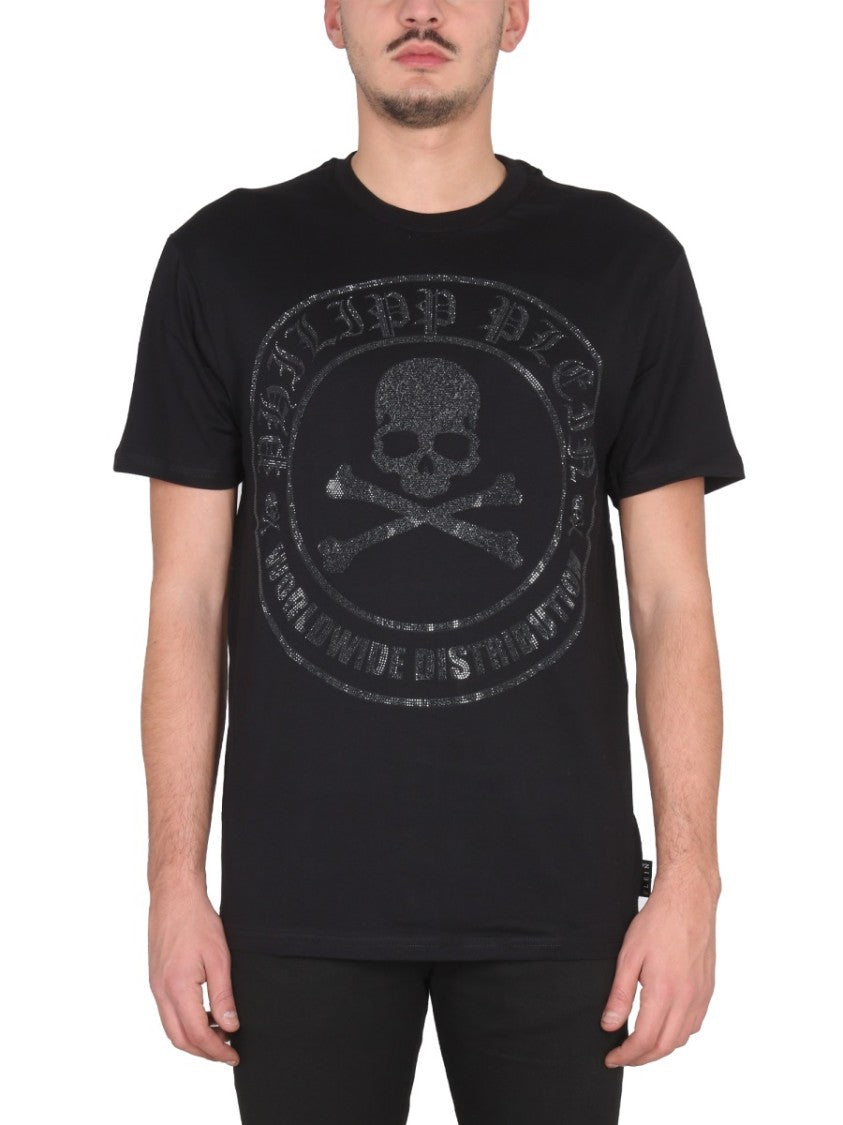 Philipp Plein Crewneck T-Shirt With Glossy Skull Graphic