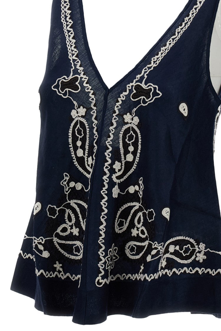 Parosh Intricately Embroidered Blue Linen Top With V-Neckline