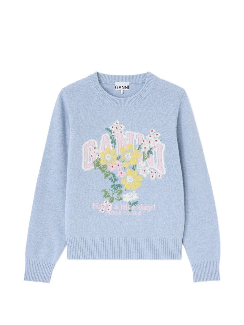 Ganni Light Blue Knit Sweater With Floral Graphic