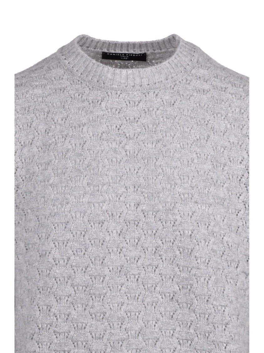 Daniele Fiesoli Perforated Grey Crew Neck Sweater In Fine Merino Wool And Cashmere Blend