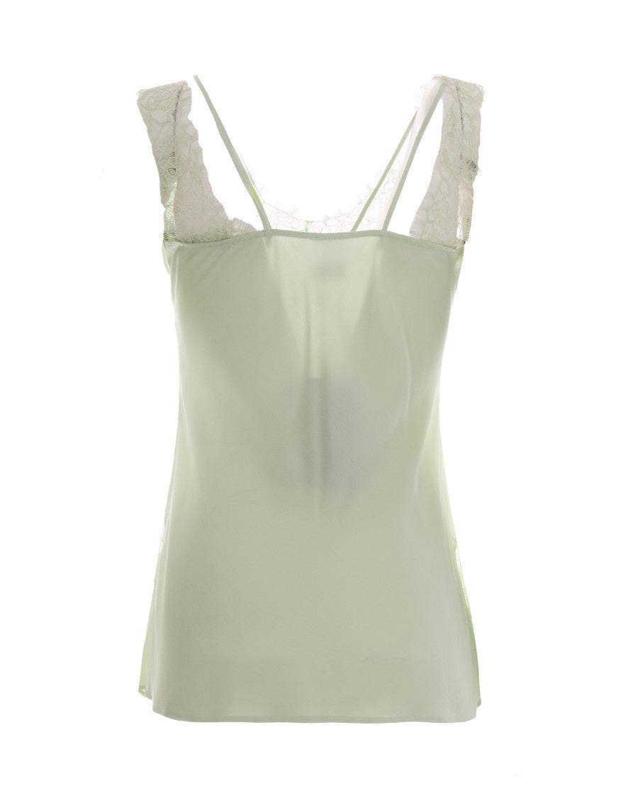 Pinko Celadon Twill Viscose Top With Intricate Lace Inserts