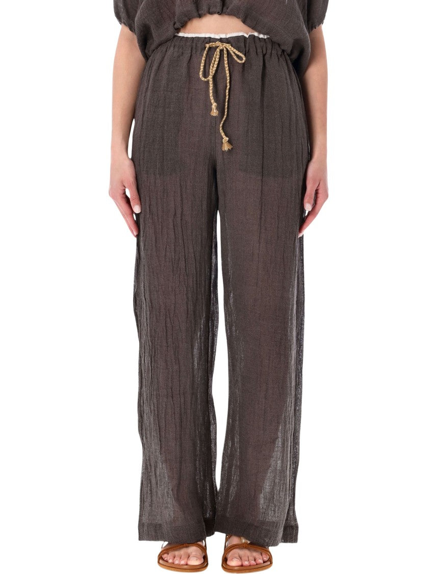 120% Lino Wide Leg Rope Drawstring Pants