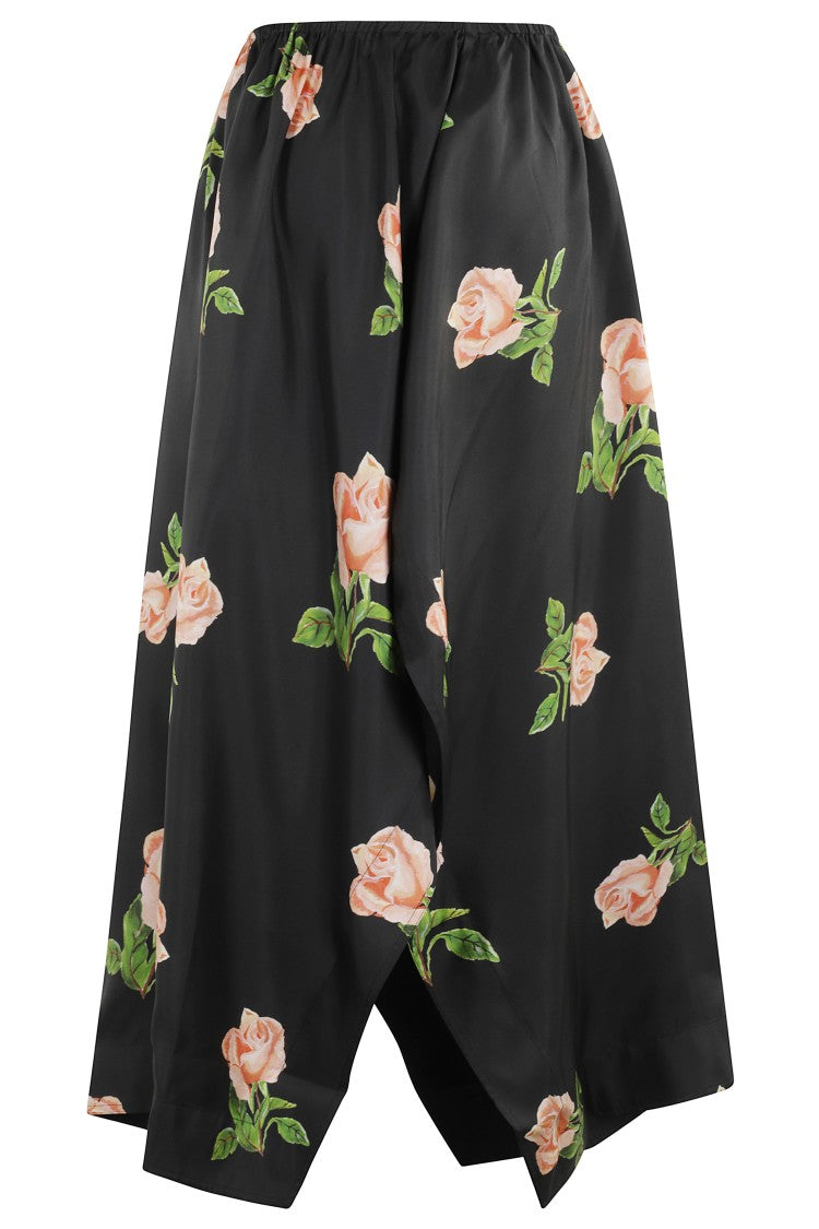 Nanushka Asymmetrical Black Midi Skirt With Striking Rose Print