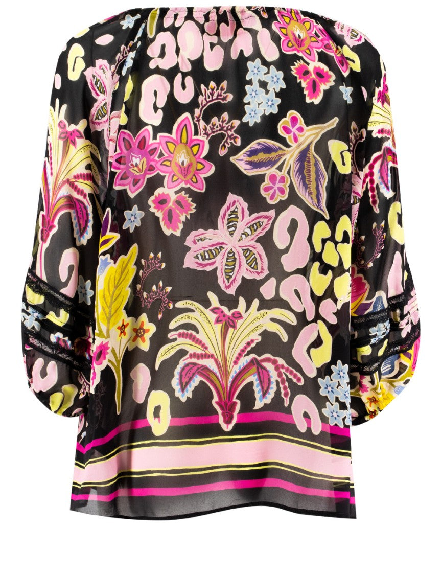 Ermanno Firenze Floral Print Viscose Shirt With Lace Accents
